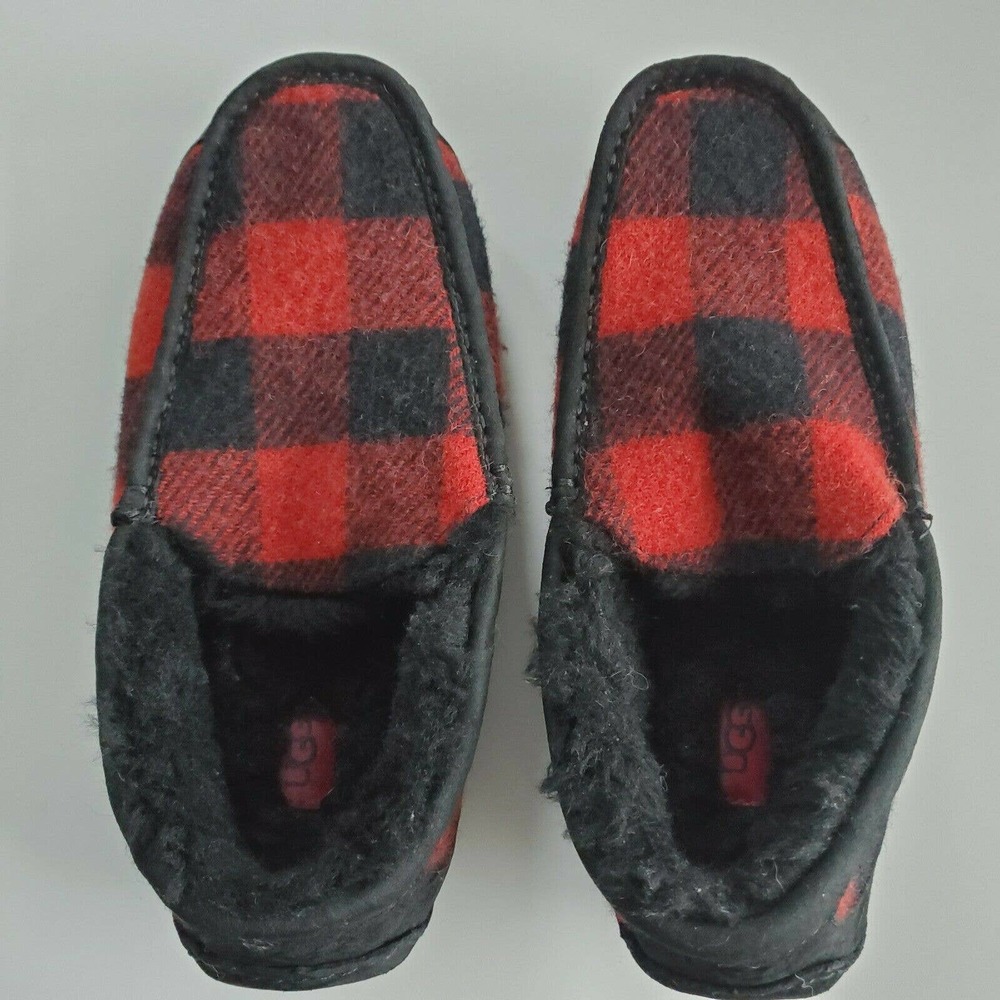 UGG Plaid Black Red Fur Slippers Mens Size 10